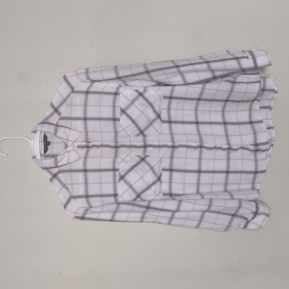 100% rayon Express pink plaid‎ long-sleeved shirt w/tab sleeves Sz XS/1P